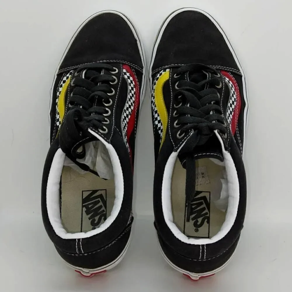 Vans Off the Wall Black Checkered Stripes w/Red Yellow Lace-up Sneakers - sz. 10